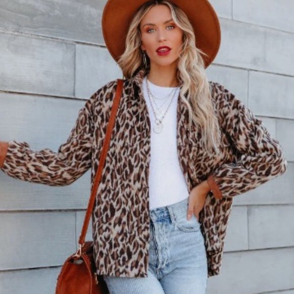 THML - Button Down Leopard Print Shacket - Jacket - Sz Medium - Picture 1 of 10